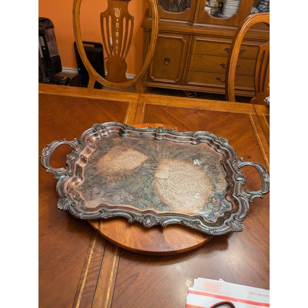 Vintage Birmingham Silver Co. Elaborate 20” Silverplate Footed Butler’s Tray